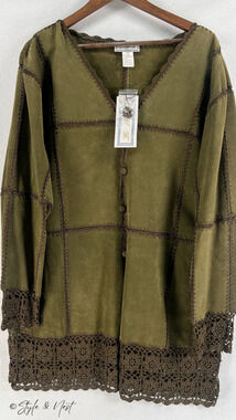 SMH Patchwork Leather Coquette Cardigan 2X Vintage Green Crochet Fairy